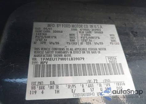 2001 Ford Expedition Eddie Bauer из США, поврежденный, VIN 1FMEU17W01LB39079